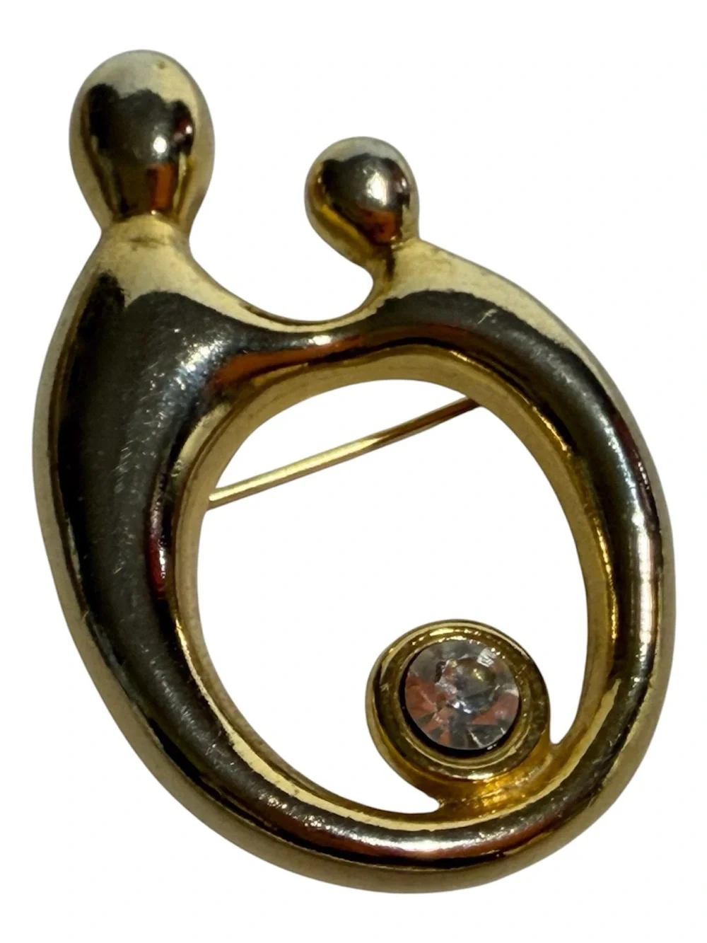 Mother & Child Brooch Stylized Open Round Clear Rhinestone Gold Tone